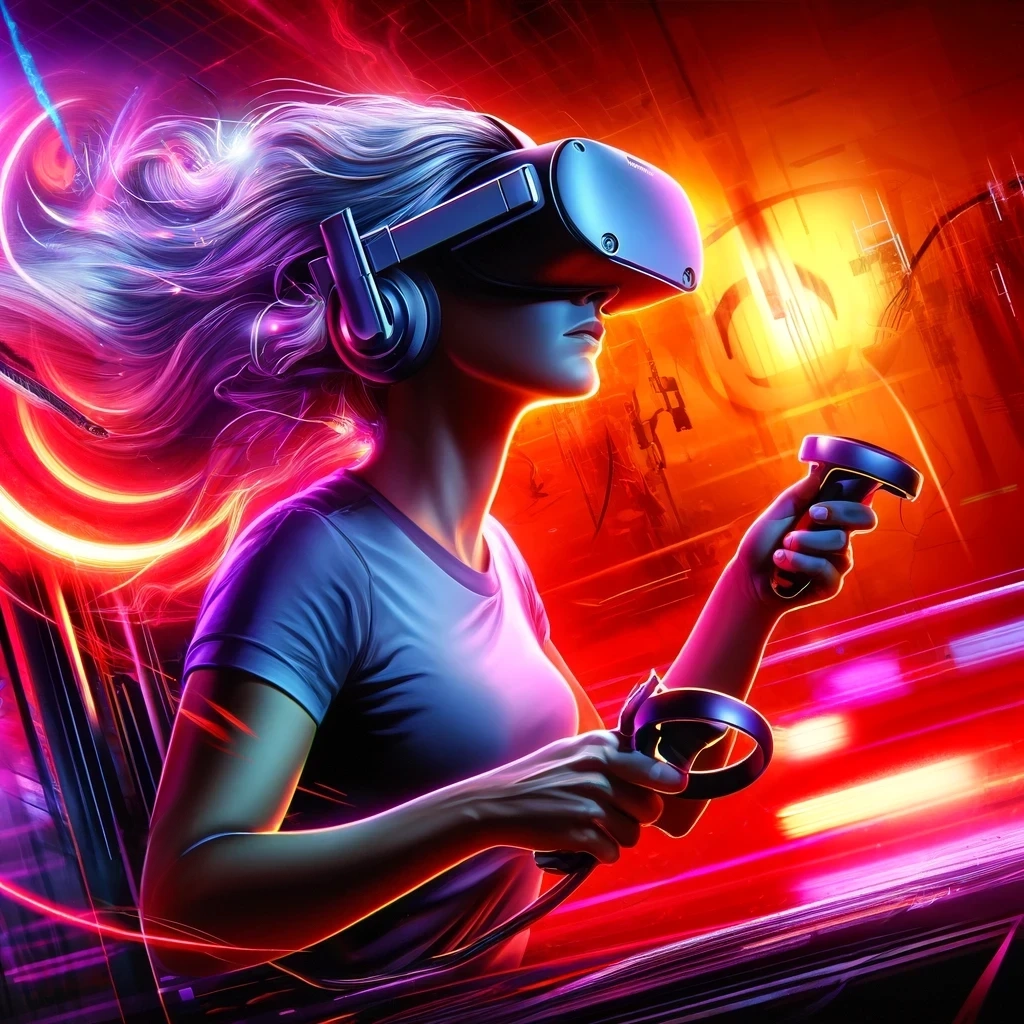 Woman using an Oculus Quest virtual reality headset and game controllers in an immersive, vibrant, and futuristic environment.